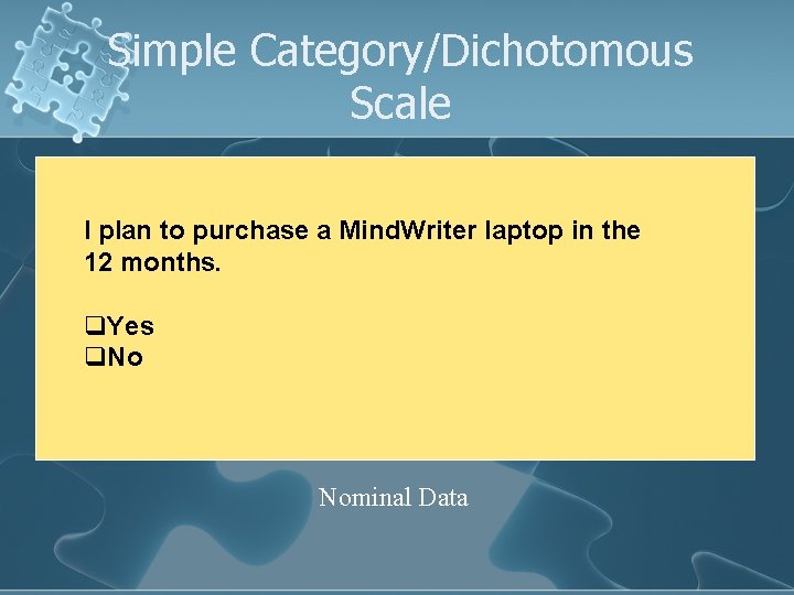 Simple Category/Dichotomous Scale I plan to purchase a Mind. Writer laptop in the 12