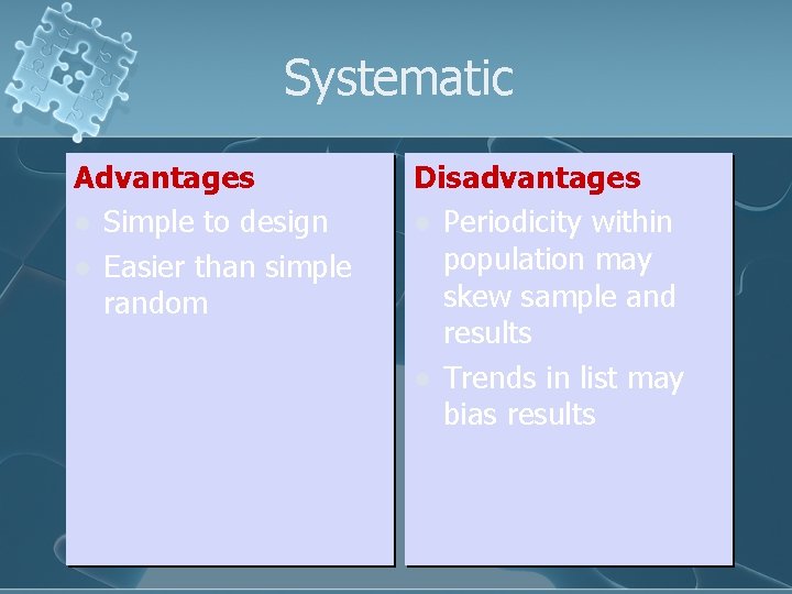 Systematic Advantages l Simple to design l Easier than simple random Disadvantages l Periodicity