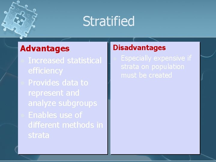 Stratified Advantages l Increased statistical efficiency l Provides data to represent and analyze subgroups