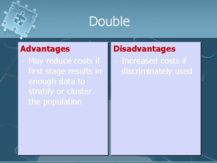 Double Advantages l May reduce costs if first stage results in enough data to