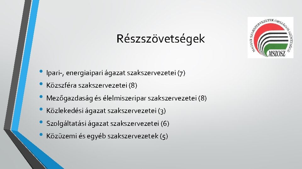 Részszövetségek • Ipari-, energiaipari ágazat szakszervezetei (7) • Közszféra szakszervezetei (8) • Mezőgazdaság és