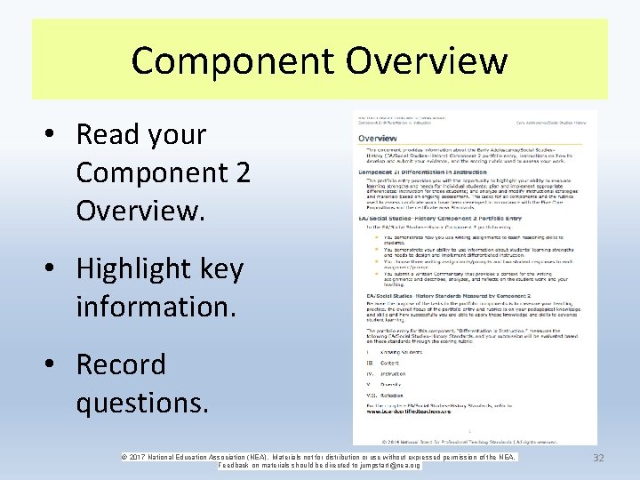 Component Overview • Read your Component 2 Overview. • Highlight key information. • Record