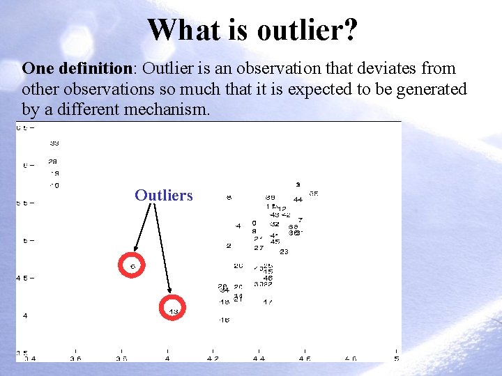 What is outlier? One definition: Outlier is an observation that deviates from other observations What is outlier? One definition: Outlier is an observation that deviates from other observations