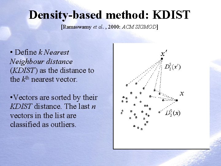 Density-based method: KDIST [Ramaswamy et al. , 2000: ACM SIGMOD] • Define k Nearest