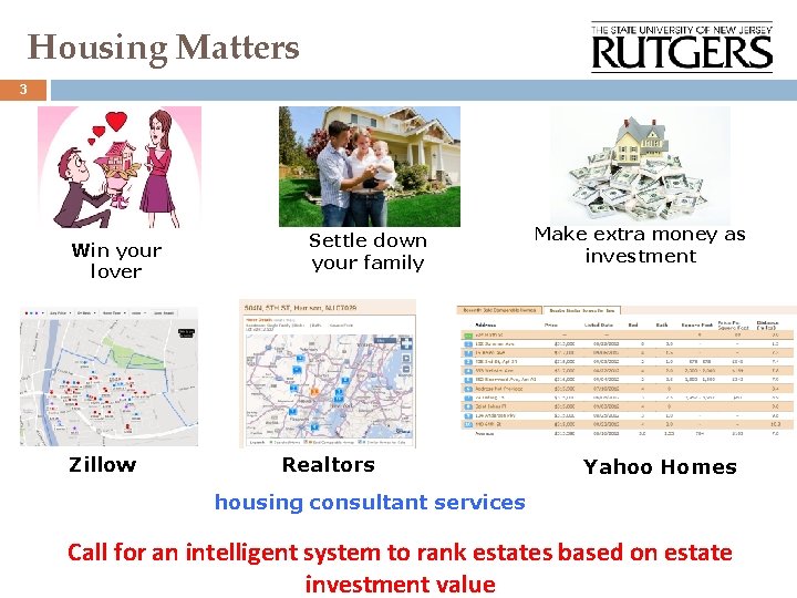 Housing Matters 3 Win your lover Zillow Settle down your family Realtors Make extra