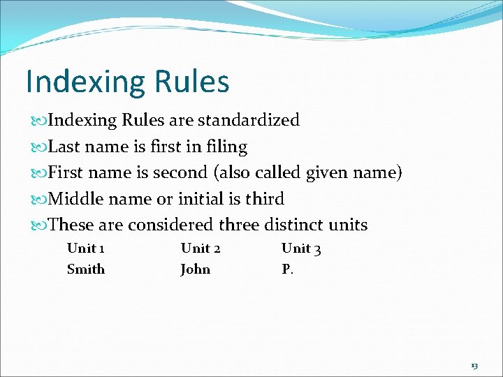 Indexing Rules are standardized Last name is first in filing First name is second