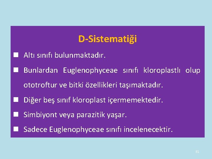 D-Sistematiği n Altı sınıfı bulunmaktadır. n Bunlardan Euglenophyceae sınıfı kloroplastlı olup ototroftur ve D-Sistematiği n Altı sınıfı bulunmaktadır. n Bunlardan Euglenophyceae sınıfı kloroplastlı olup ototroftur ve