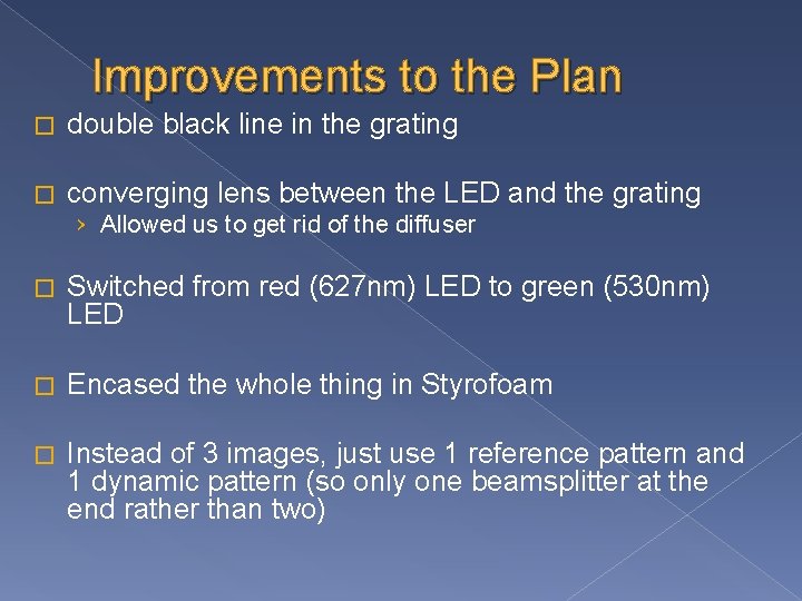 Improvements to the Plan � double black line in the grating � converging lens