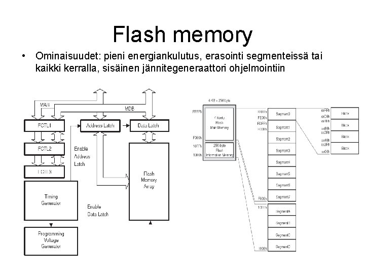 Flash memory • Ominaisuudet: pieni energiankulutus, erasointi segmenteissä tai kaikki kerralla, sisäinen jännitegeneraattori ohjelmointiin