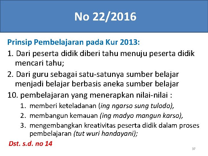 No 22/2016 Prinsip Pembelajaran pada Kur 2013: 1. Dari peserta didik diberi tahu menuju