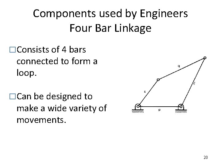 Components used by Engineers Four Bar Linkage �Consists of 4 bars connected to form