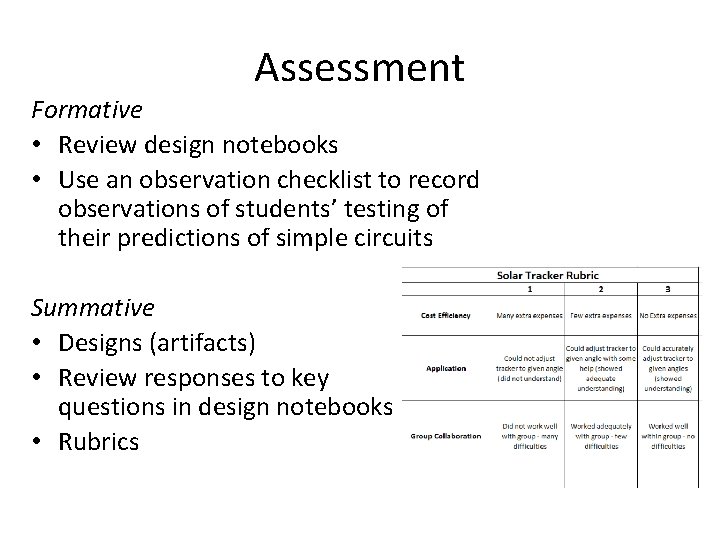 Assessment Formative • Review design notebooks • Use an observation checklist to record observations