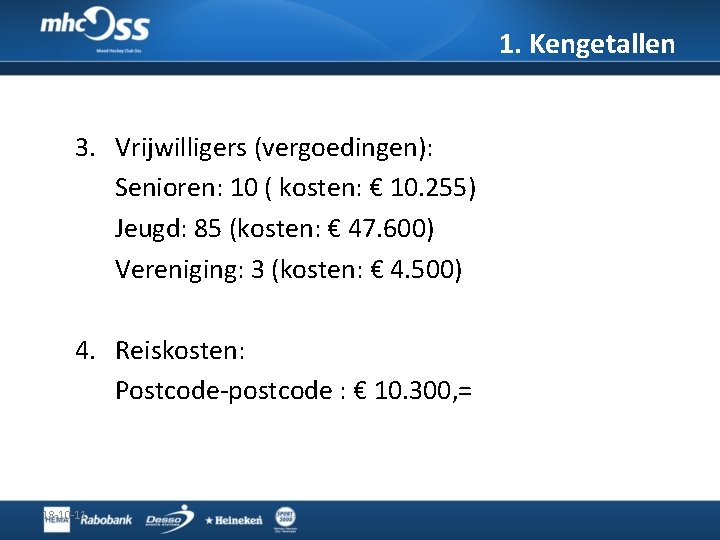 1. Kengetallen 3. Vrijwilligers (vergoedingen): Senioren: 10 ( kosten: € 10. 255) Jeugd: 85 1. Kengetallen 3. Vrijwilligers (vergoedingen): Senioren: 10 ( kosten: € 10. 255) Jeugd: 85