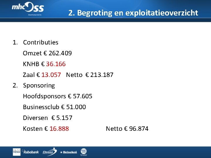 2. Begroting en exploitatieoverzicht 1. Contributies Omzet € 262. 409 KNHB € 36. 166 2. Begroting en exploitatieoverzicht 1. Contributies Omzet € 262. 409 KNHB € 36. 166