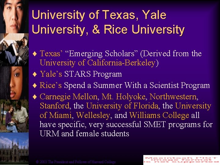University of Texas, Yale University, & Rice University ¨ Texas’ “Emerging Scholars” (Derived from