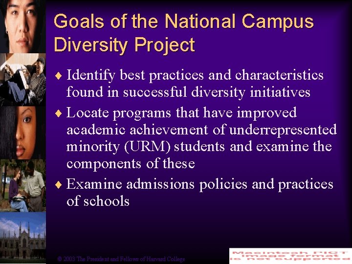 Goals of the National Campus Diversity Project ¨ Identify best practices and characteristics found