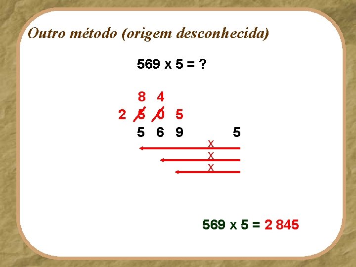 Outro método (origem desconhecida) 569 x 5 = ? 8 4 2 5 0