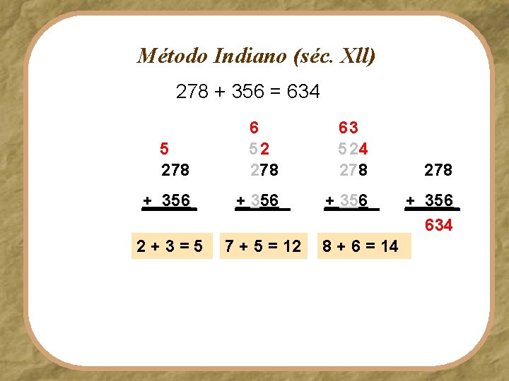 Método Indiano (séc. Xll) 278 + 356 = 634 5 278 6 52 278
