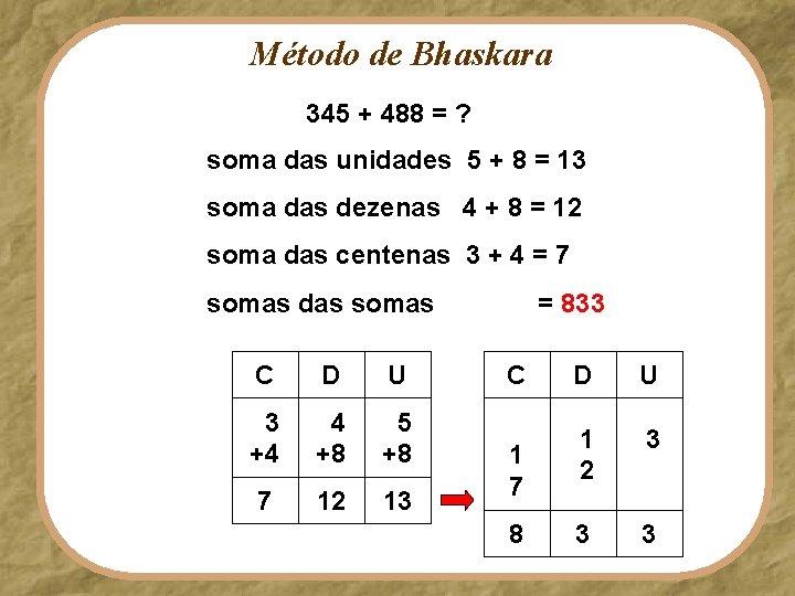 Método de Bhaskara 345 + 488 = ? soma das unidades 5 + 8