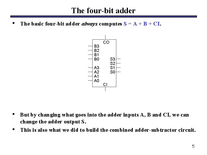 The four-bit adder • The basic four-bit adder always computes S = A +