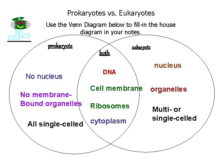 Prokaryotes vs. Eukaryotes Use the Venn Diagram below to fill-in the house diagram in