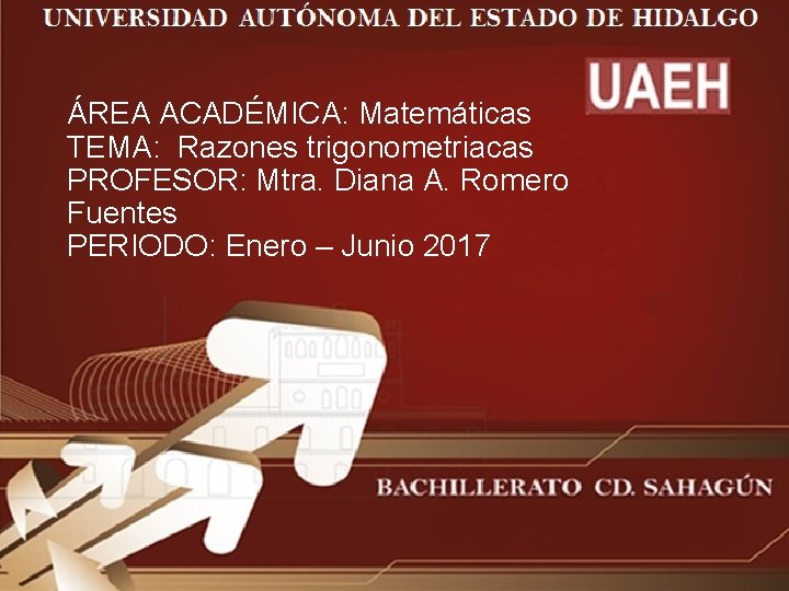 ÁREA ACADÉMICA: Matemáticas TEMA: Razones trigonometriacas PROFESOR: Mtra. Diana A. Romero Fuentes PERIODO: Enero