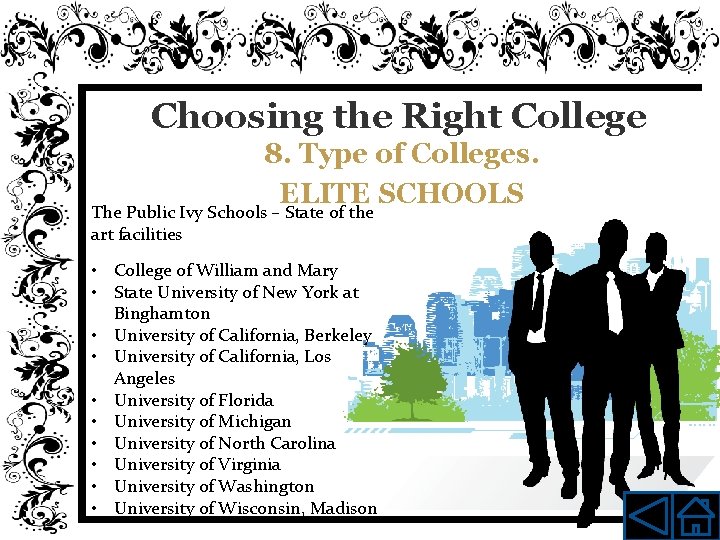 Choosing the Right College 8. Type of Colleges. ELITE SCHOOLS The Public Ivy Schools