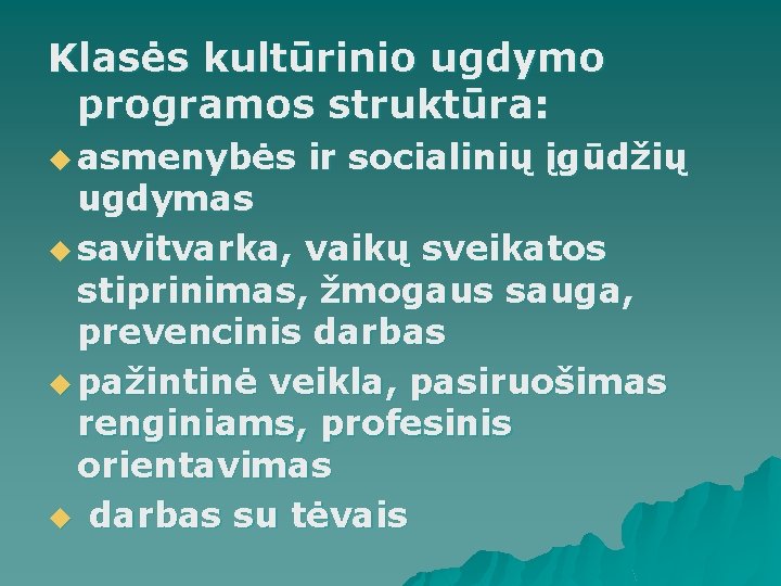 Klasės kultūrinio ugdymo programos struktūra: u asmenybės ir socialinių įgūdžių ugdymas u savitvarka, vaikų