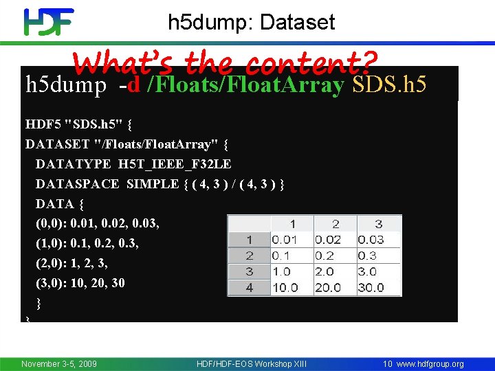 h 5 dump: Dataset What’s the content? h 5 dump -d /Floats/Float. Array SDS.