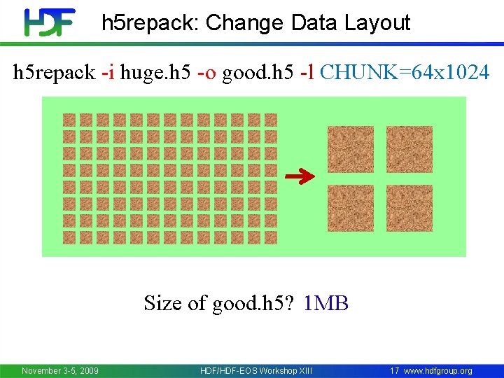 h 5 repack: Change Data Layout h 5 repack -i huge. h 5 -o