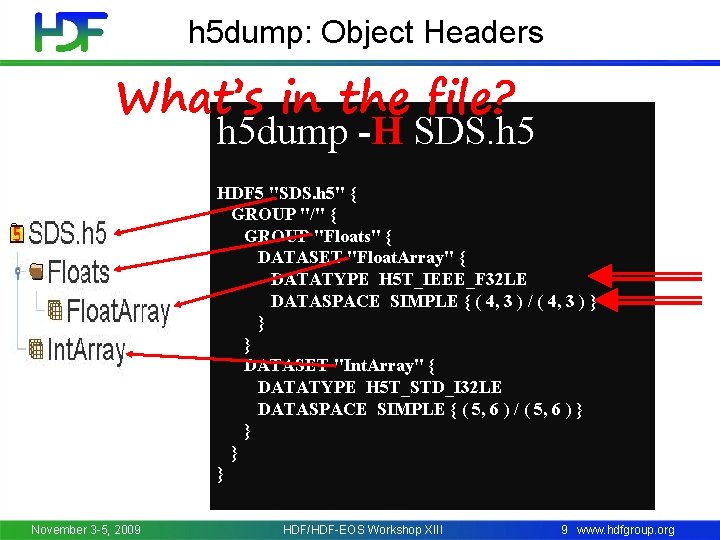 h 5 dump: Object Headers What’s in the file? h 5 dump -H SDS.