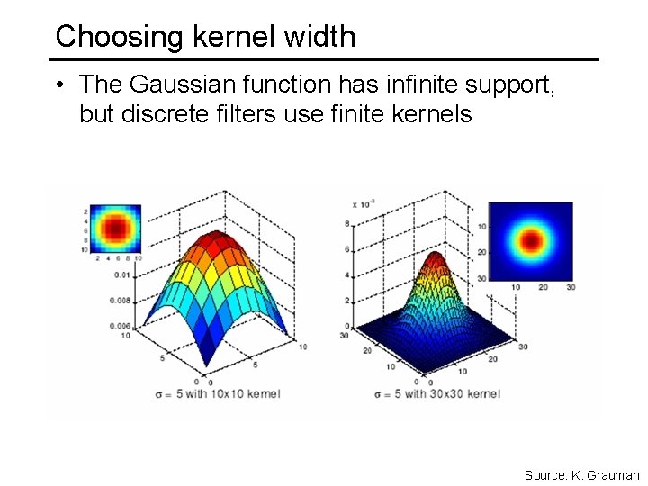 Choosing kernel width • The Gaussian function has infinite support, but discrete filters use