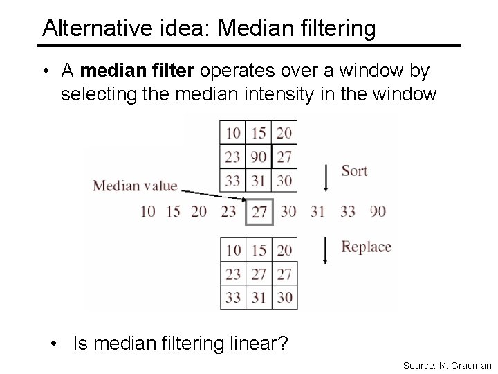 Alternative idea: Median filtering • A median filter operates over a window by selecting