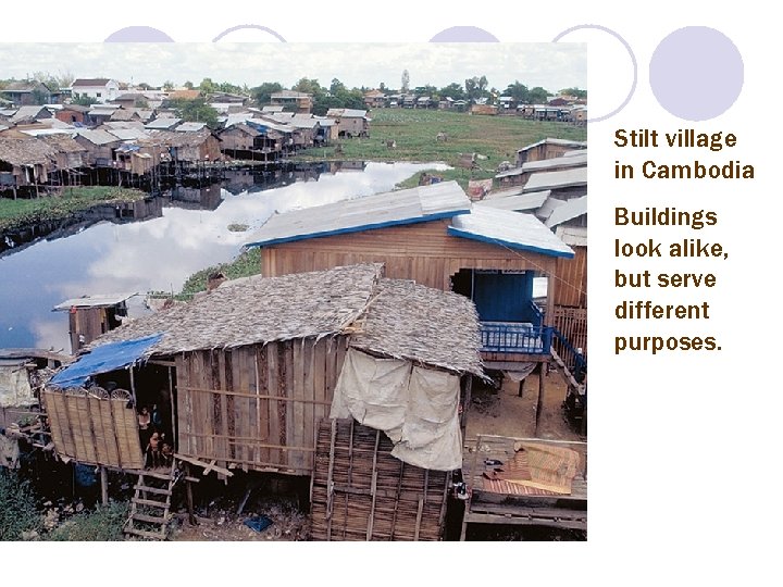 Stilt village in Cambodia Buildings look alike, but serve different purposes. 