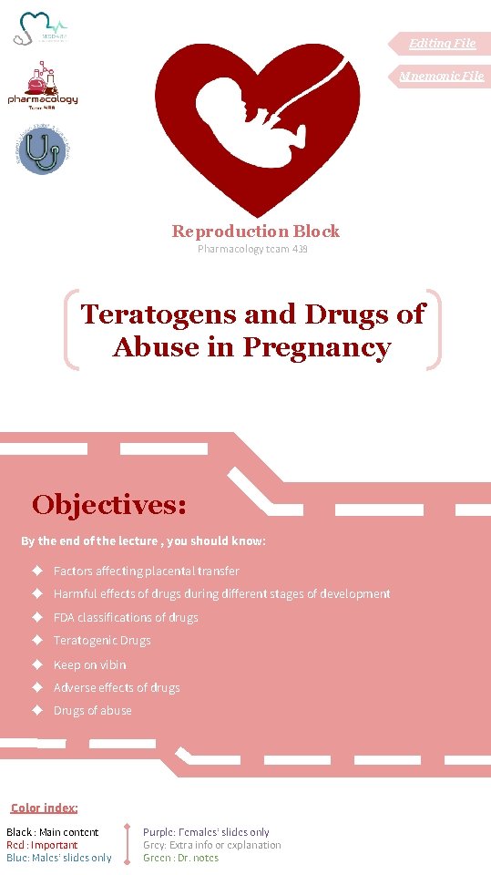 Editing File Mnemonic File Reproduction Block Pharmacology team 438 Teratogens and Drugs of Abuse