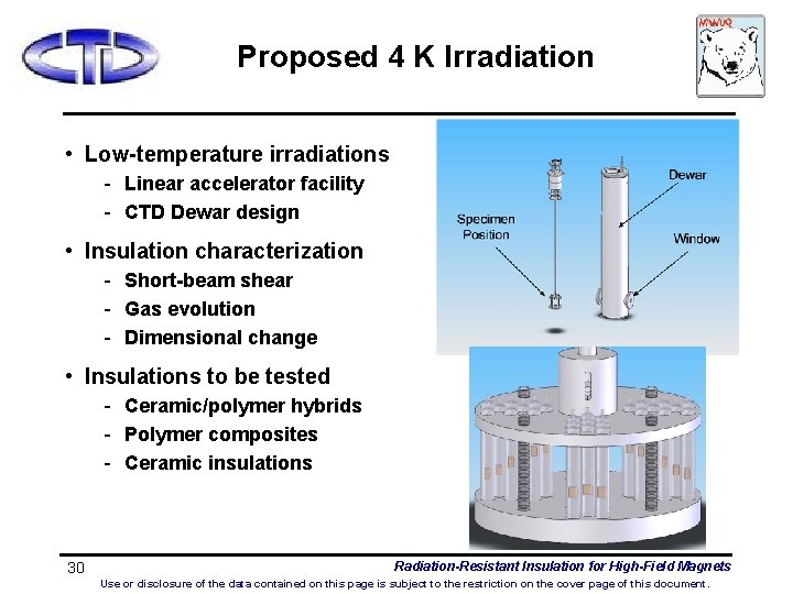 Proposed 4 K Irradiation • Low-temperature irradiations - Linear accelerator facility - CTD Dewar