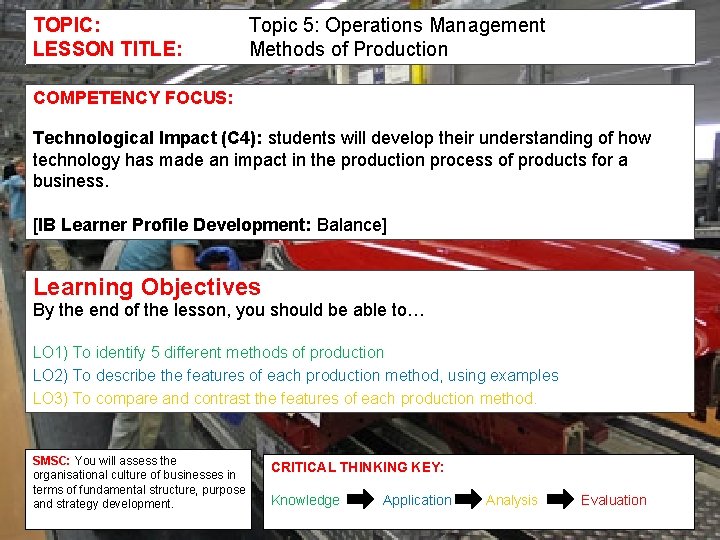 TOPIC: LESSON TITLE: Topic 5: Operations Management Methods of Production COMPETENCY FOCUS: Technological Impact