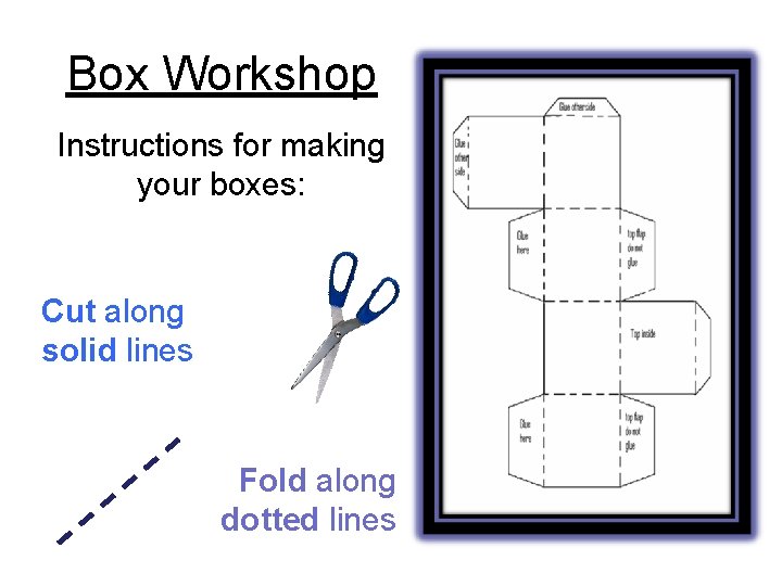 Box Workshop Instructions for making your boxes: Cut along solid lines Fold along dotted