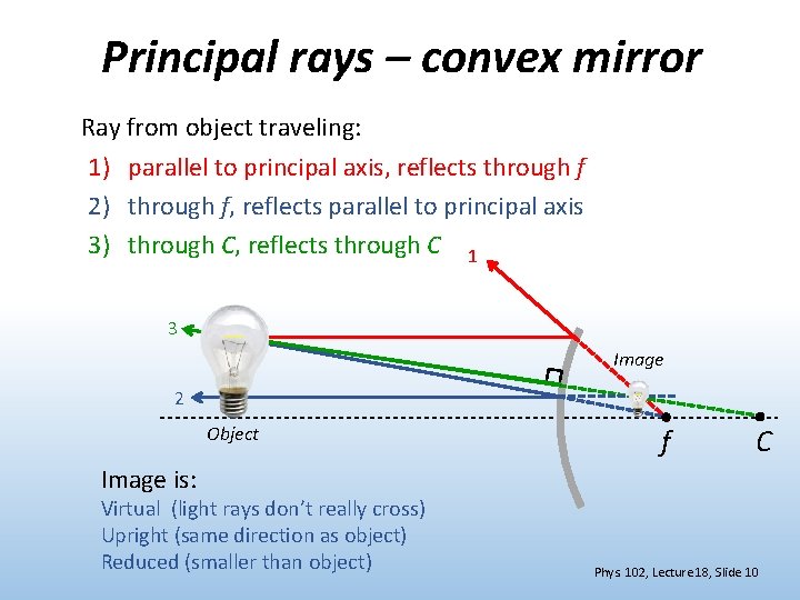 Principal rays – convex mirror Ray from object traveling: 1) parallel to principal axis,