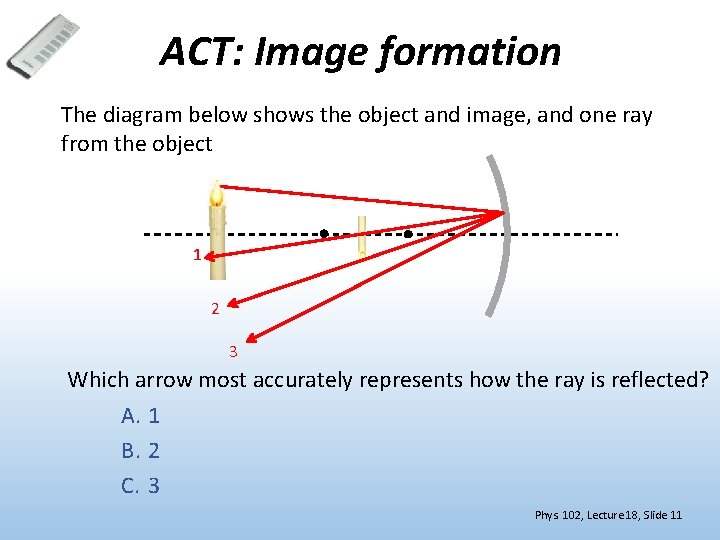 ACT: Image formation The diagram below shows the object and image, and one ray