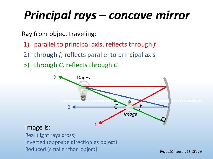 Principal rays – concave mirror Ray from object traveling: 1) parallel to principal axis,