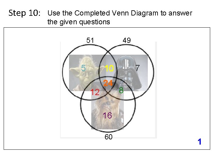 Step 10: Use the Completed Venn Diagram to answer the given questions 51 5