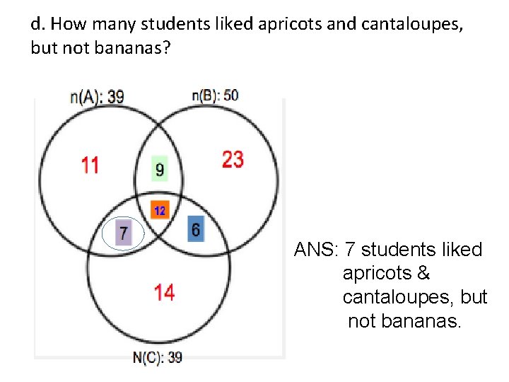 d. How many students liked apricots and cantaloupes, but not bananas? ANS: 7 students