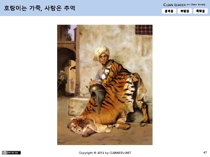 CLEAN LEADER 호랑이는 가죽, 사람은 추억 정직성 Copyright © 2012 by CLEANEDU. NET for