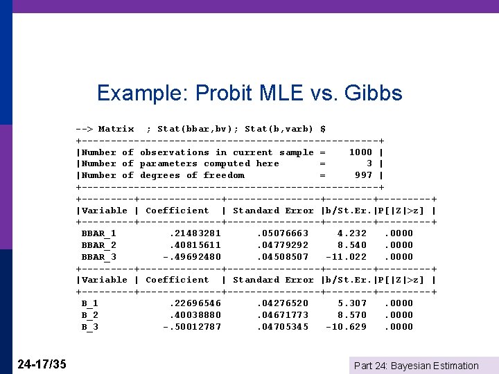 Example: Probit MLE vs. Gibbs --> Matrix ; Stat(bbar, bv); Stat(b, varb) $ +--------------------------+