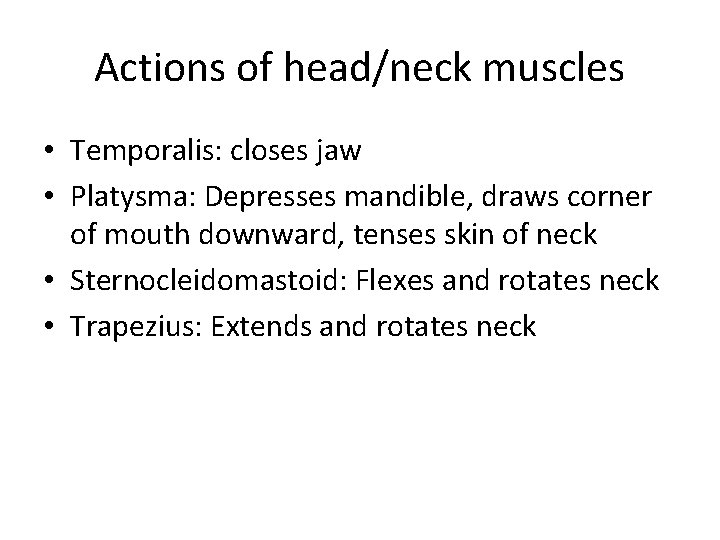 Actions of head/neck muscles • Temporalis: closes jaw • Platysma: Depresses mandible, draws corner