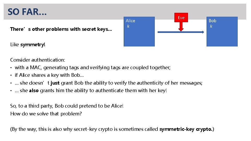 SO FAR… Eve There’s other problems with secret keys… Like symmetry! Consider authentication: •