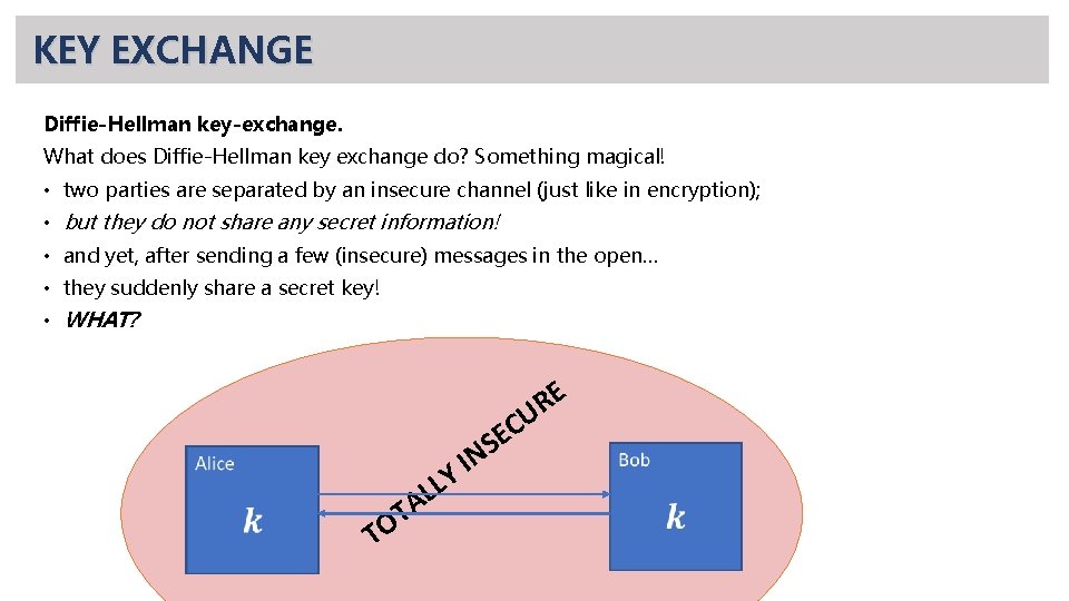 KEY EXCHANGE Diffie-Hellman key-exchange. What does Diffie-Hellman key exchange do? Something magical! • two