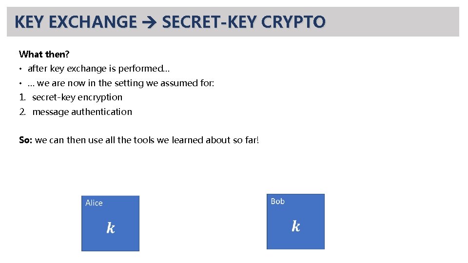 KEY EXCHANGE SECRET-KEY CRYPTO What then? • after key exchange is performed… • …