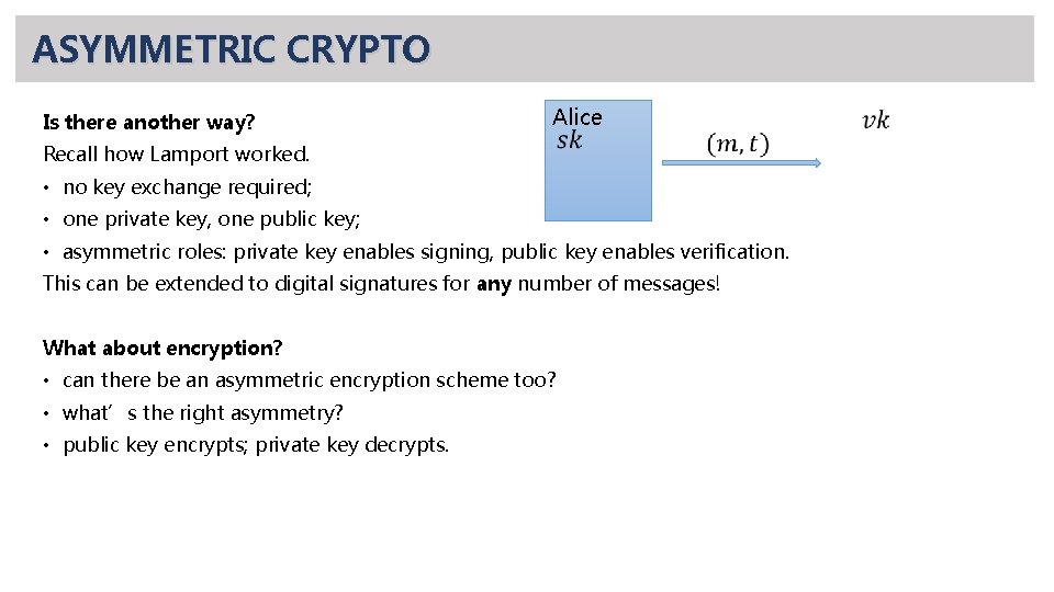 ASYMMETRIC CRYPTO Is there another way? Recall how Lamport worked. Alice • no key